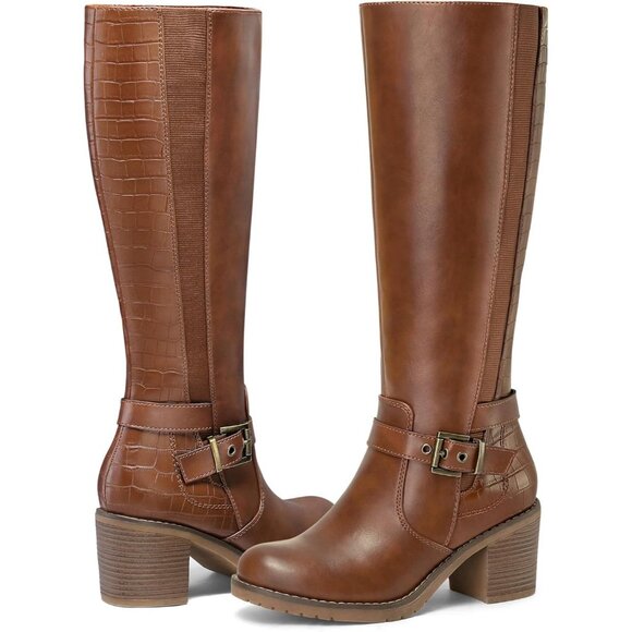 Brown Women's Knee High Boots Chunky Block Heels Side Zipper Stretchy Elastic - Picture 3 of 6